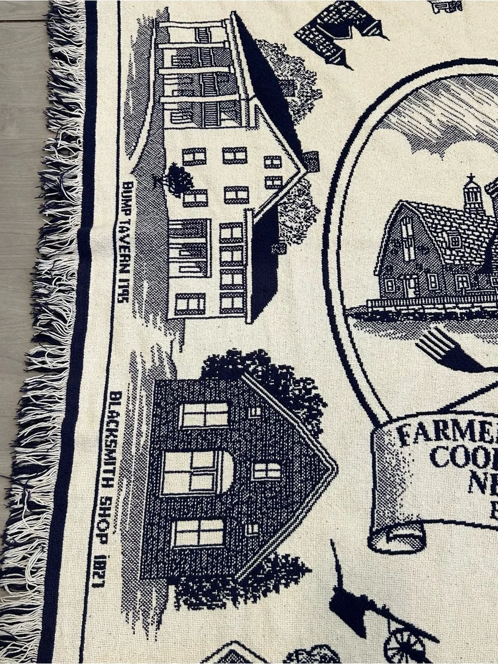 Vtg Farmers Museum Cooperstown NY Tapestry Throw Blanket Fringe 44x60 Cottage